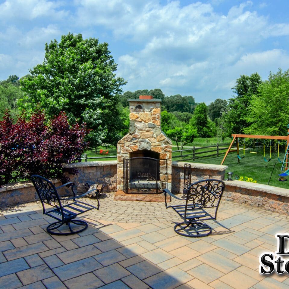 stone patio and fireplace