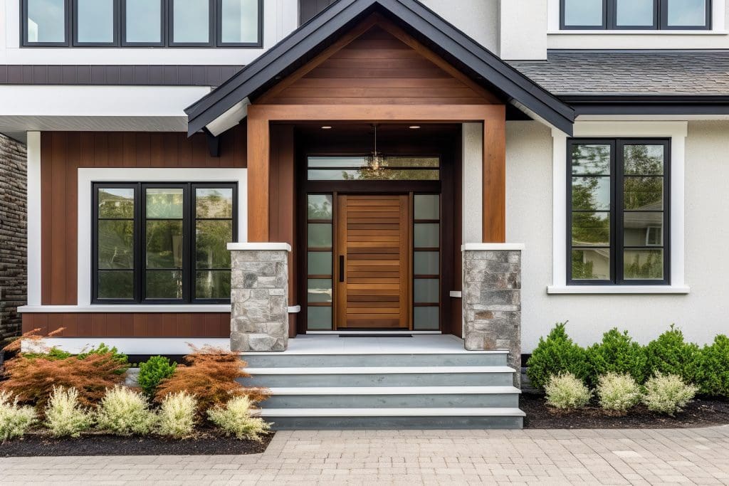 An entrance to house with a wooden and stone portico.